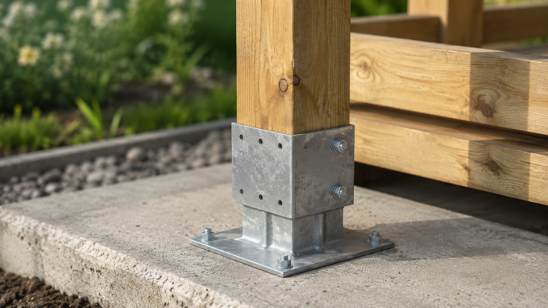 Pfostenträger aus Stahl im Betonfundament für stabile Holzkonstruktionen