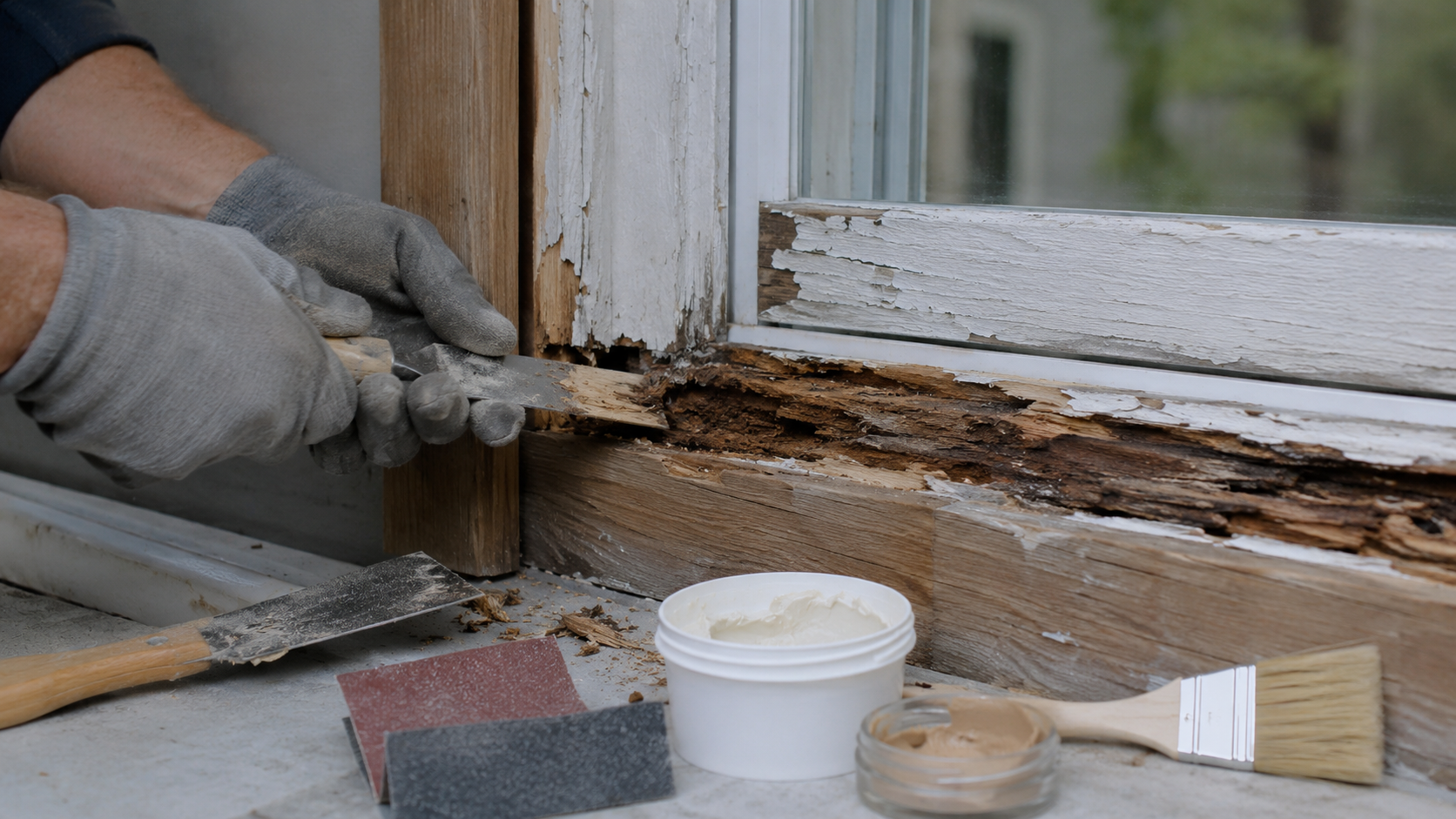 Morsches Holz reparieren [Bildinhalt mit KI erstellt]