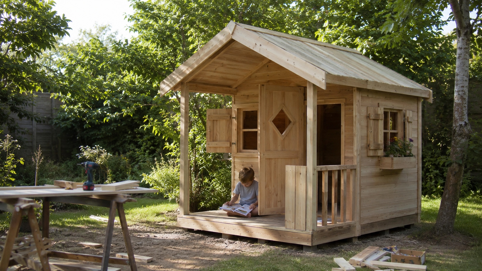 Spielhaus aus Holz [Bildinhalt mit KI erstellt]