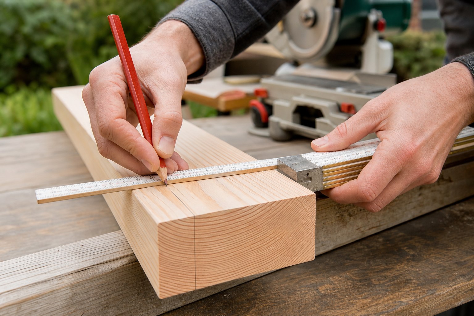 Holzbretter für ein Hochbeet ausmessen und für den Zuschnitt markieren
