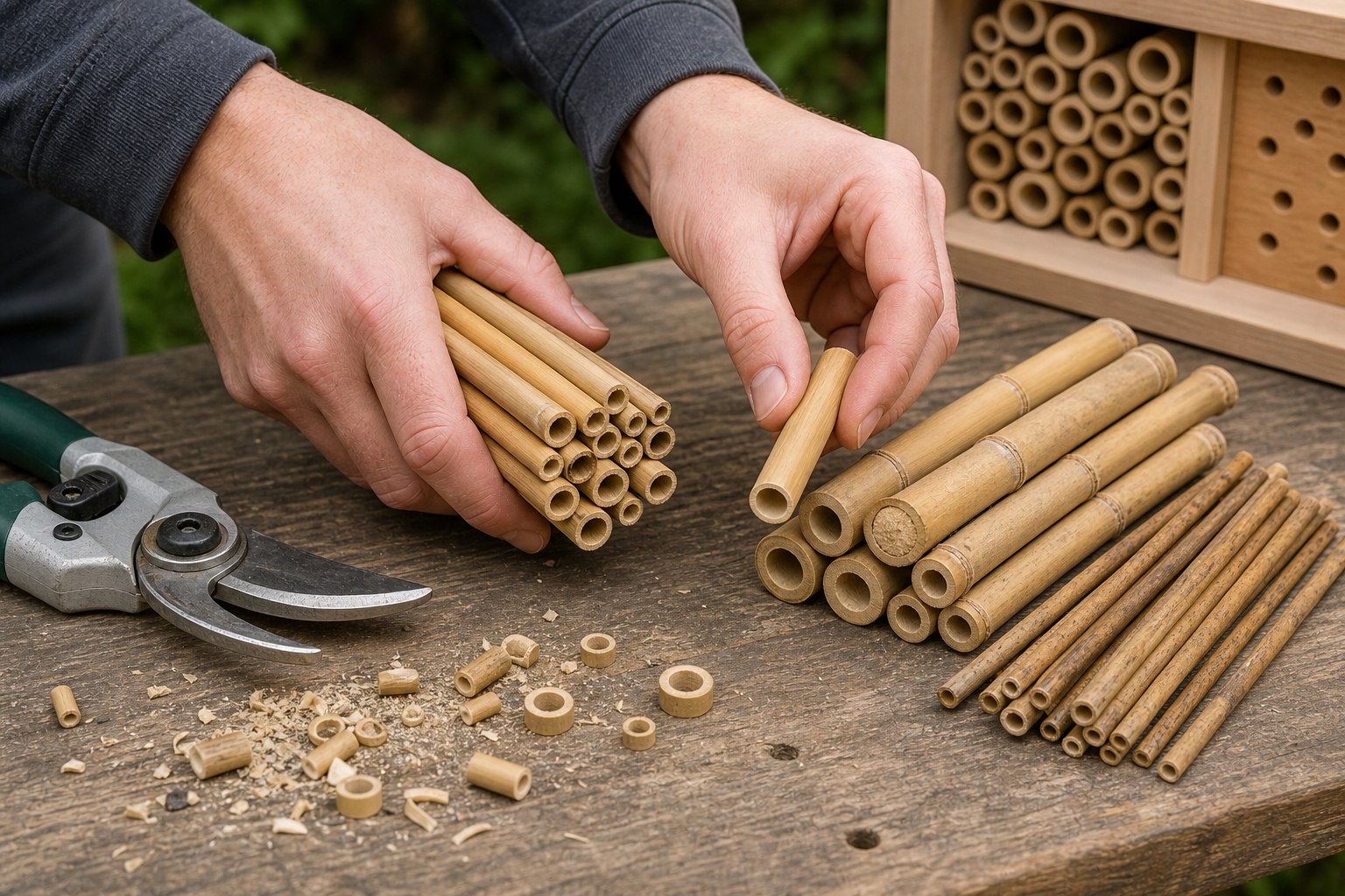 Bambus- und Schilfröhrchen für ein Insektenhotel sauber zuschneiden und vorbereiten