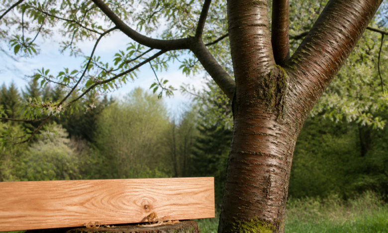 Europäischer Kirschbaum mit rötlich-brauner Rinde und einem Brett aus Kirschbaumholz [Bildinhalt mit KI erstellt]