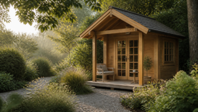 Philosophenhäuschen aus Holz als ruhiger Rückzugsort im Garten [Bildinhalt mit KI erstellt]