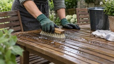 Gartenholztisch wird mit einer weichen Bürste gereinigt [Bildinhalt mit KI erstellt]