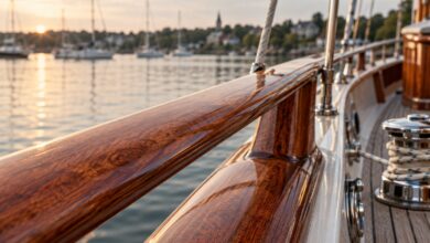 Klar lackierter Holzhandlauf an einem Segelboot [Bildinhalt mit KI erstellt]