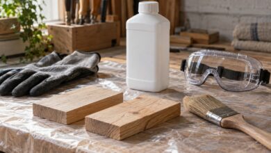 Holzproben, Bürste, Handschuhe und Schutzbrille für eine Reinigungsprobe [Bildinhalt mit KI erstellt]